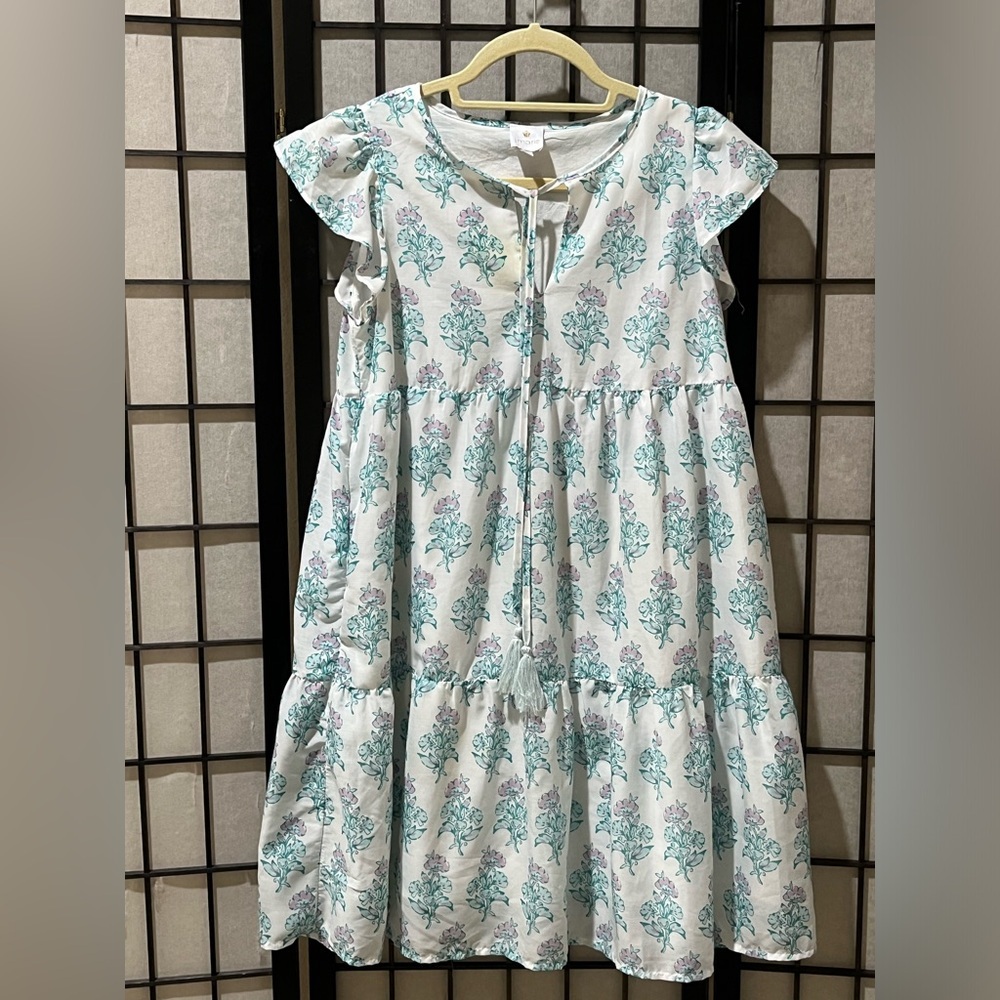 j.marie CECILIA RUFFLE FLORAL MINI DRESS in BLUE, mint with Lilac Accents SIZE S - Picture 8 of 11